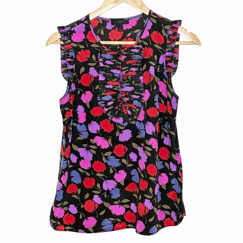 J Crew Silk Floral Sleeveless Top Womens 2 Artsy Colorful Career Work Ruffled